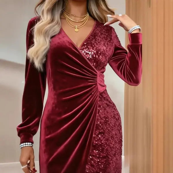 Elegant Sequins Design Long Sleeve Party Dress Women Sexy V Neck Bodycon Dresses For Women Evening Dress Christmas