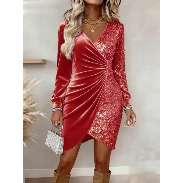 Elegant Sequins Design Long Sleeve Party Dress Women Sexy V Neck Bodycon Dresses For Women Evening Dress Christmas