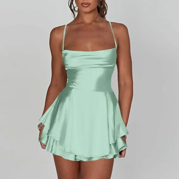 Elegant Silk Satin Backless Mini Dress – Cowl Neck Spaghetti Strap Pleated Party Dress for Women - Himpall