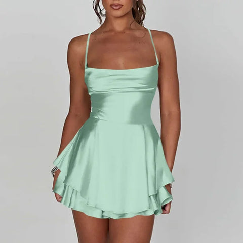 Elegant Silk Satin Backless Mini Dress – Cowl Neck Spaghetti Strap Pleated Party Dress for Women - Himpall