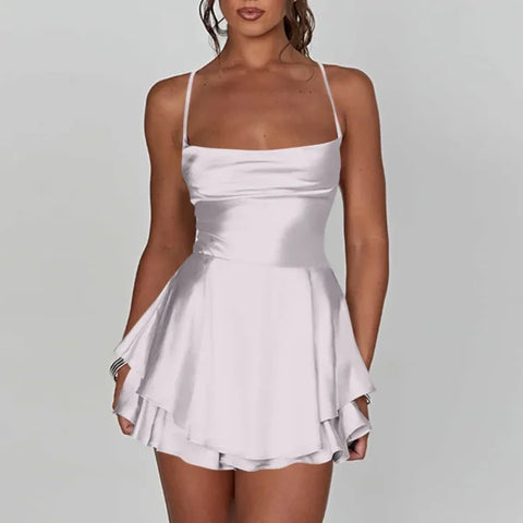 Elegant Silk Satin Backless Mini Dress – Cowl Neck Spaghetti Strap Pleated Party Dress for Women - Himpall