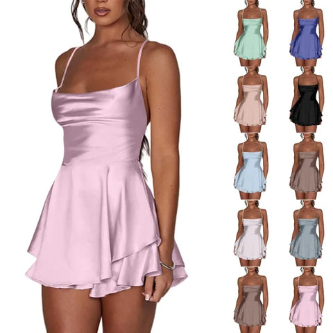 Elegant Silk Satin Backless Mini Dress – Cowl Neck Spaghetti Strap Pleated Party Dress for Women - Himpall