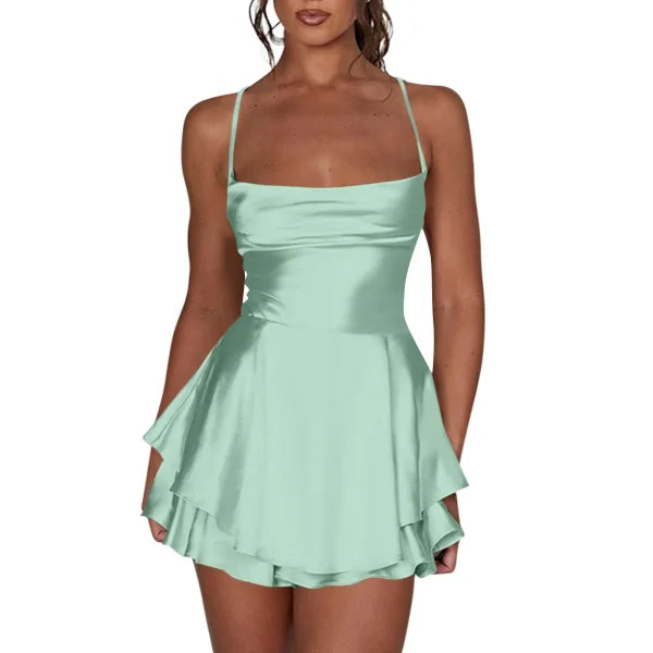 Elegant Silk Satin Backless Mini Dress – Cowl Neck Spaghetti Strap Pleated Party Dress for Women - Himpall