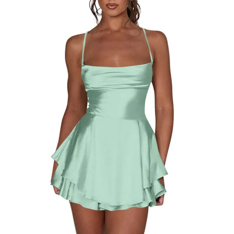 Elegant Silk Satin Backless Mini Dress – Cowl Neck Spaghetti Strap Pleated Party Dress for Women - Himpall