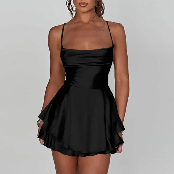 Elegant Silk Satin Backless Mini Dress – Cowl Neck Spaghetti Strap Pleated Party Dress for Women - Himpall