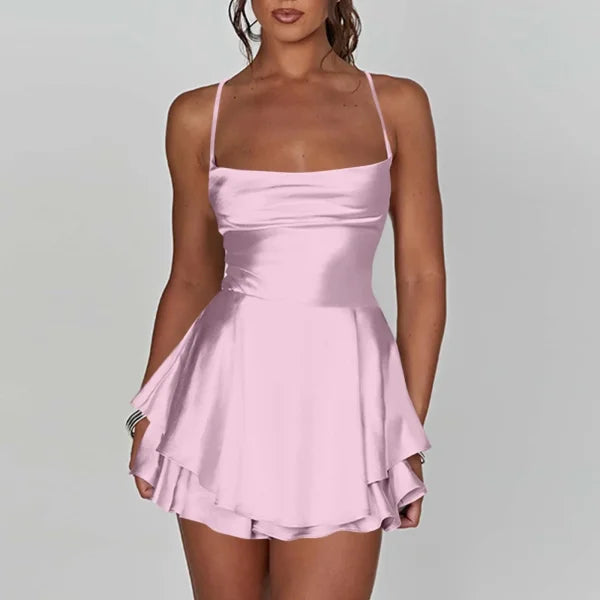 Elegant Silk Satin Backless Mini Dress – Cowl Neck Spaghetti Strap Pleated Party Dress for Women - Himpall