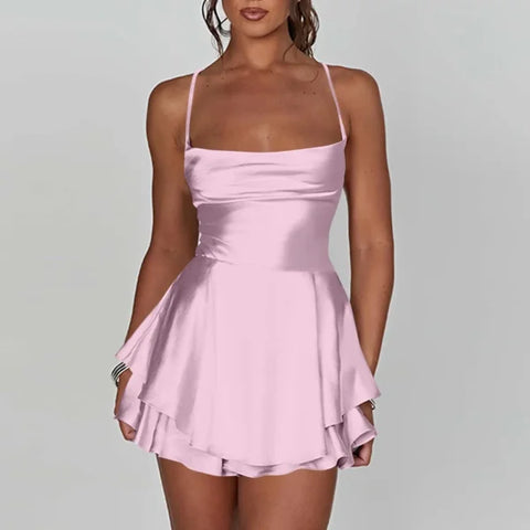 Elegant Silk Satin Backless Mini Dress – Cowl Neck Spaghetti Strap Pleated Party Dress for Women - Himpall