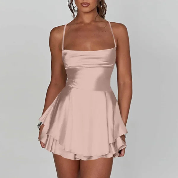 Elegant Silk Satin Backless Mini Dress – Cowl Neck Spaghetti Strap Pleated Party Dress for Women - Himpall