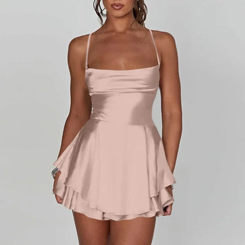 Elegant Silk Satin Backless Mini Dress – Cowl Neck Spaghetti Strap Pleated Party Dress for Women - Himpall
