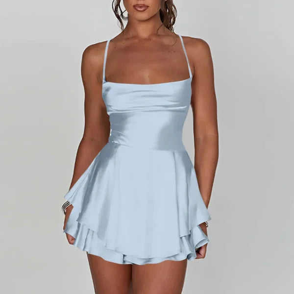 Elegant Silk Satin Backless Mini Dress – Cowl Neck Spaghetti Strap Pleated Party Dress for Women - Himpall