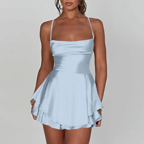 Elegant Silk Satin Backless Mini Dress – Cowl Neck Spaghetti Strap Pleated Party Dress for Women - Himpall