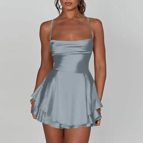 Elegant Silk Satin Backless Mini Dress – Cowl Neck Spaghetti Strap Pleated Party Dress for Women - Himpall