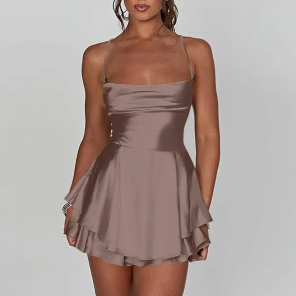 Elegant Silk Satin Backless Mini Dress – Cowl Neck Spaghetti Strap Pleated Party Dress for Women - Himpall