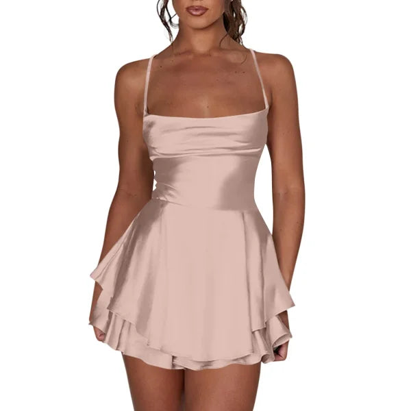 Elegant Silk Satin Backless Mini Dress – Cowl Neck Spaghetti Strap Pleated Party Dress for Women - Himpall