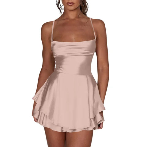 Elegant Silk Satin Backless Mini Dress – Cowl Neck Spaghetti Strap Pleated Party Dress for Women - Himpall