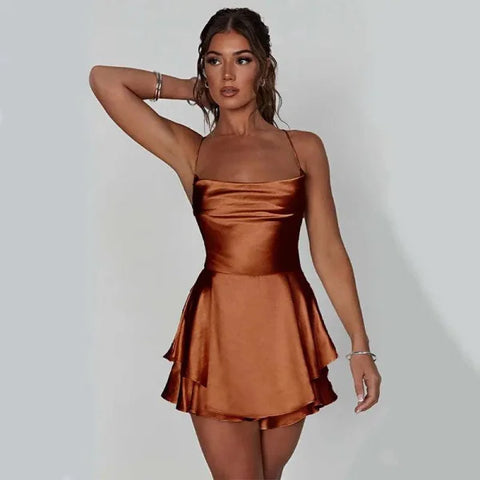Sexy Suspender Skirt For Women Elegant Slim Strap Satin Backless Lace Up A-Line Short Dress Lady - Brown / L
