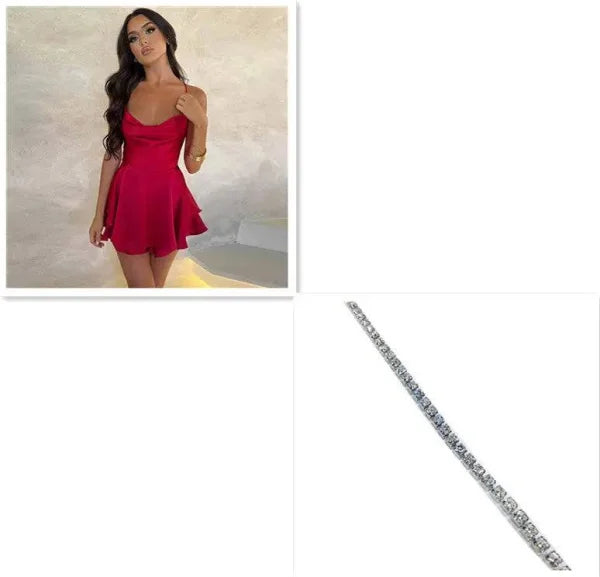 Sexy Suspender Skirt For Women Elegant Slim Strap Satin Backless Lace Up A-Line Short Dress Lady - Red Silver / L