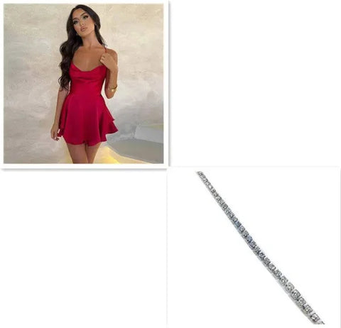 Sexy Suspender Skirt For Women Elegant Slim Strap Satin Backless Lace Up A-Line Short Dress Lady - Red Silver / L