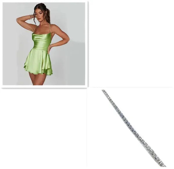Sexy Suspender Skirt For Women Elegant Slim Strap Satin Backless Lace Up A-Line Short Dress Lady - Light Green Silver