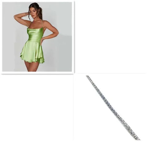 Sexy Suspender Skirt For Women Elegant Slim Strap Satin Backless Lace Up A-Line Short Dress Lady - Light Green Silver