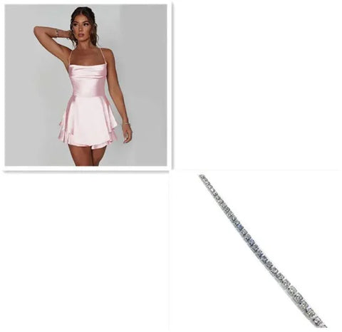Sexy Suspender Skirt For Women Elegant Slim Strap Satin Backless Lace Up A-Line Short Dress Lady - Pink Silver / L