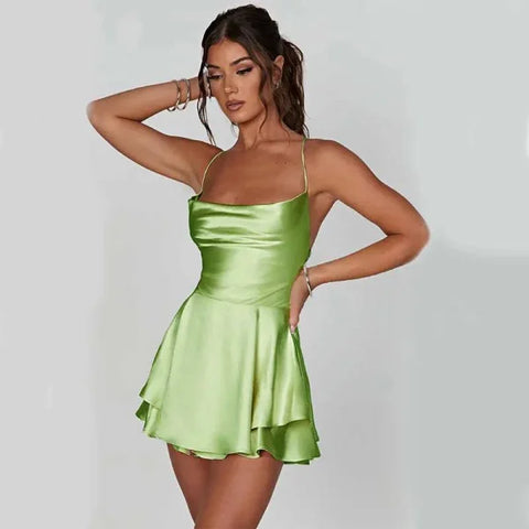 Sexy Suspender Skirt For Women Elegant Slim Strap Satin Backless Lace Up A-Line Short Dress Lady - Light Green / L