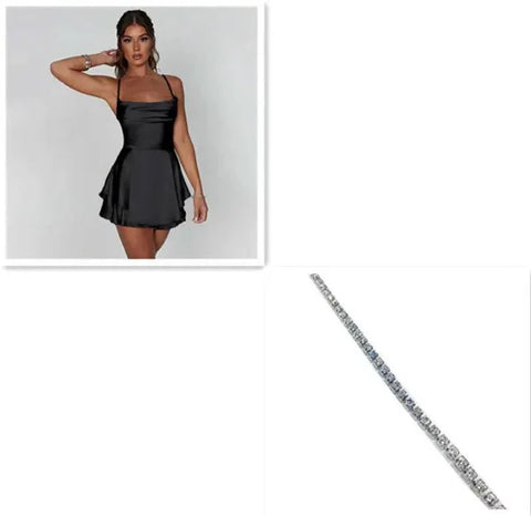 Sexy Suspender Skirt For Women Elegant Slim Strap Satin Backless Lace Up A-Line Short Dress Lady - Black Silver / L