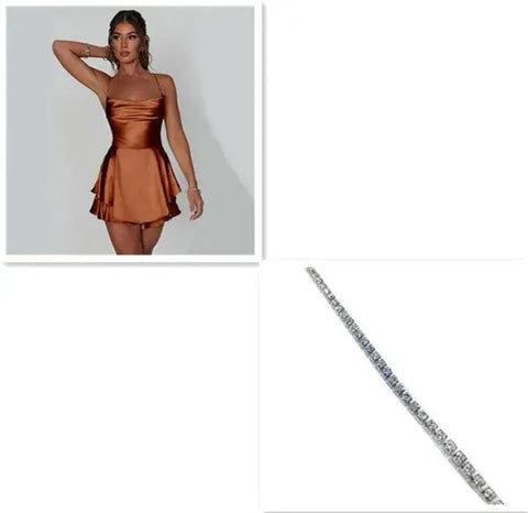 Sexy Suspender Skirt For Women Elegant Slim Strap Satin Backless Lace Up A-Line Short Dress Lady - Brown Silver / L
