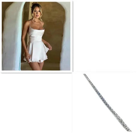 Sexy Suspender Skirt For Women Elegant Slim Strap Satin Backless Lace Up A-Line Short Dress Lady - White Silver / L