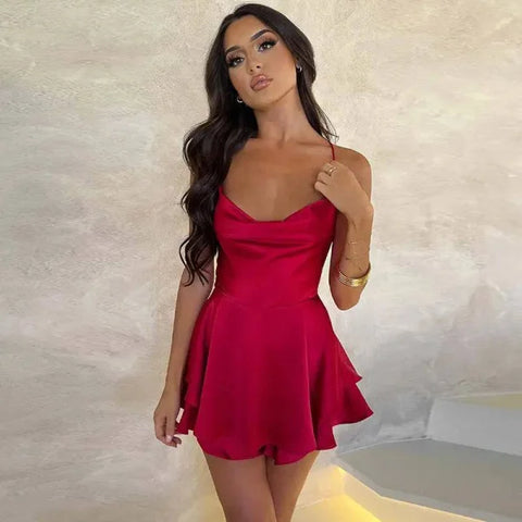 Sexy Suspender Skirt For Women Elegant Slim Strap Satin Backless Lace Up A-Line Short Dress Lady - Red / L