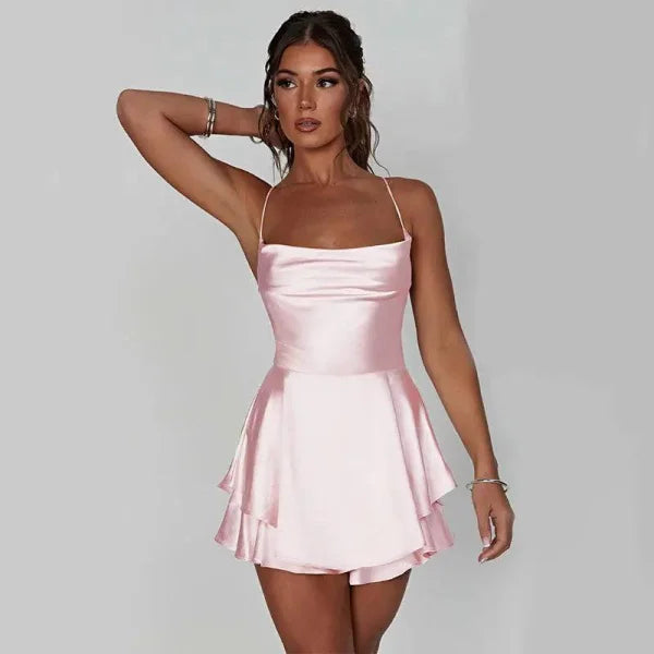 Sexy Suspender Skirt For Women Elegant Slim Strap Satin Backless Lace Up A-Line Short Dress Lady - Pink / L