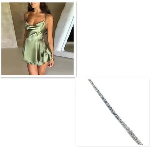 Sexy Suspender Skirt For Women Elegant Slim Strap Satin Backless Lace Up A-Line Short Dress Lady - Green Silver / L