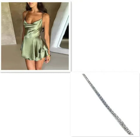 Sexy Suspender Skirt For Women Elegant Slim Strap Satin Backless Lace Up A-Line Short Dress Lady - Green Silver / L