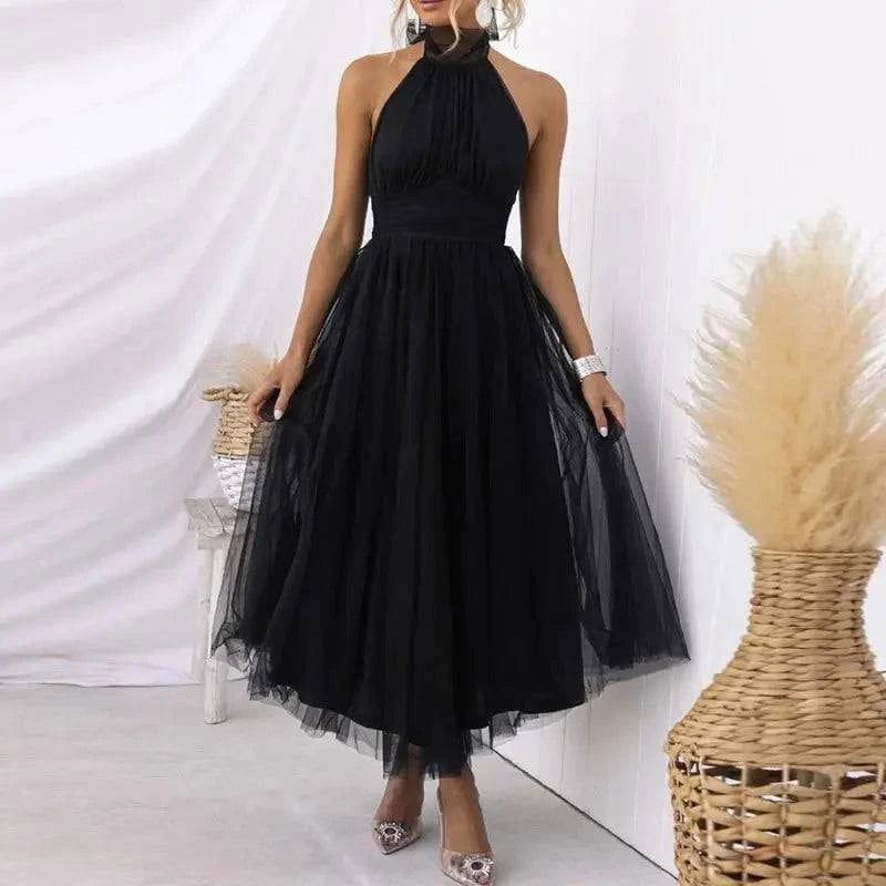 Elegant V-Neck Lantern Sleeve Maxi Dress - 12 Black / S