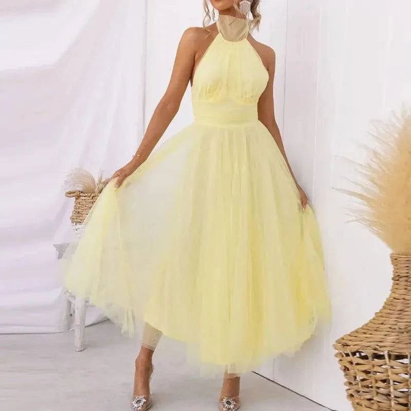 Elegant V-Neck Lantern Sleeve Maxi Dress - 14 Yellow / XL