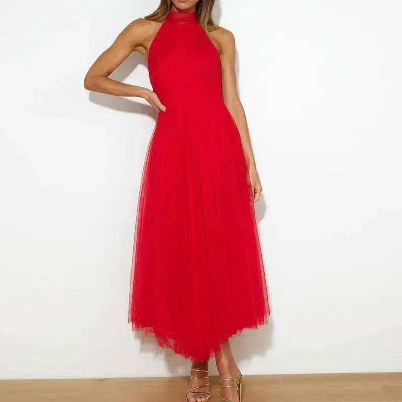 Elegant V-Neck Lantern Sleeve Maxi Dress - 16 Red / S