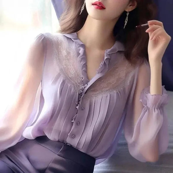 Chiffon Blouse - Elegant V-Neck Long Sleeve Fashion Blouse - clothing