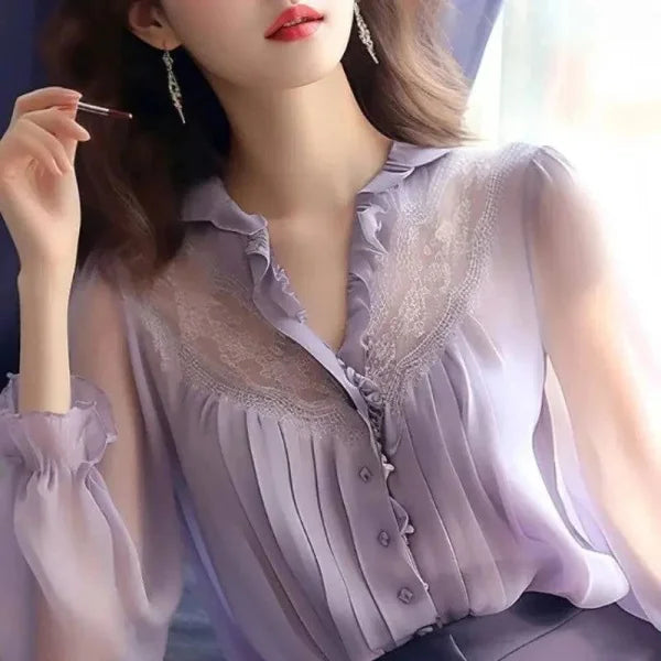 Chiffon Blouse - Elegant V-Neck Long Sleeve Fashion Blouse - clothing