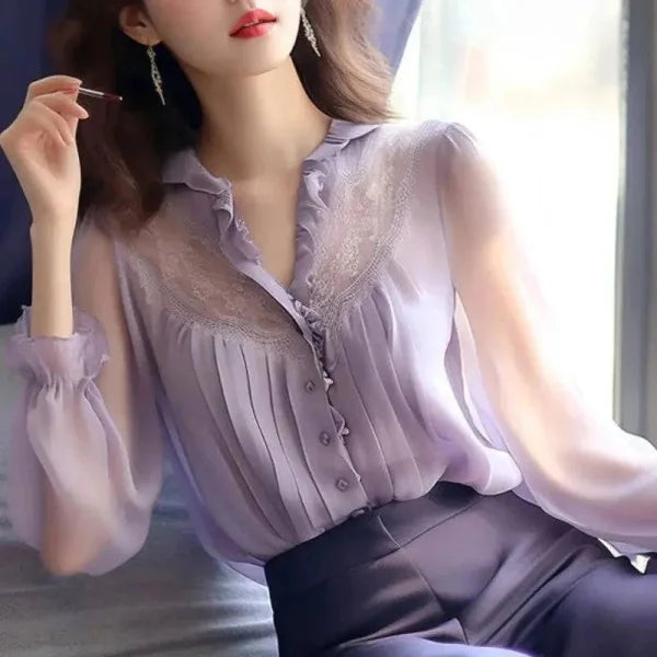 Chiffon Blouse - Elegant V-Neck Long Sleeve Fashion Blouse - Purple / S(40-50)kg - clothing