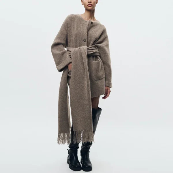 Elegant Women's Knitted Cardigan with Scarf for Office Wear - Himpall