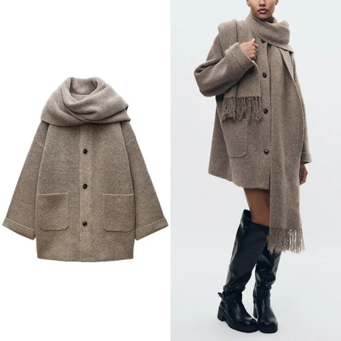 Elegant Women's Knitted Cardigan with Scarf for Office Wear - Himpall