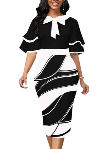 Floral Work Dress – Elegant Women’s Midi Dress with Bow Decoration - 11508 / XL