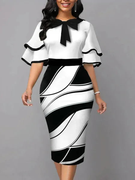 Floral Work Dress – Elegant Women’s Midi Dress with Bow Decoration - 11508A / XXL