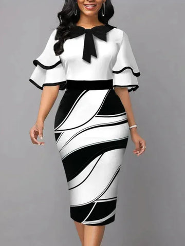 Floral Work Dress – Elegant Women’s Midi Dress with Bow Decoration - 11508A / XXL