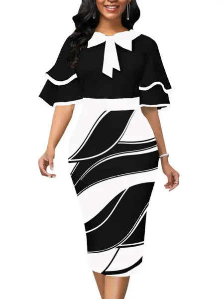 Floral Work Dress – Elegant Women’s Midi Dress with Bow Decoration