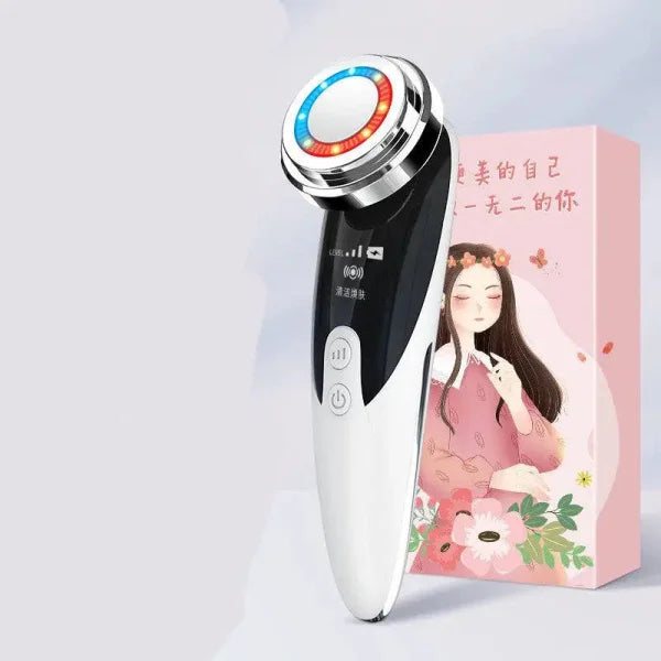 White and black facial massage cleaner with circular LED light for skin care routine