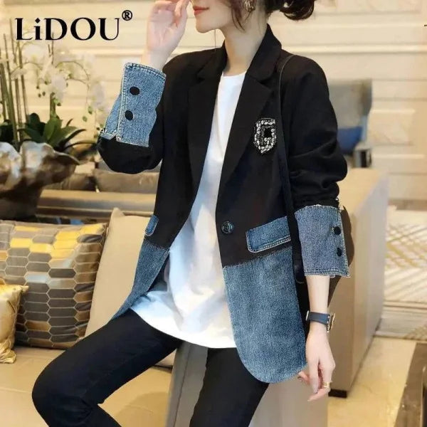 Embroidered Denim Patchwork Blazer: for Autumn/Winter