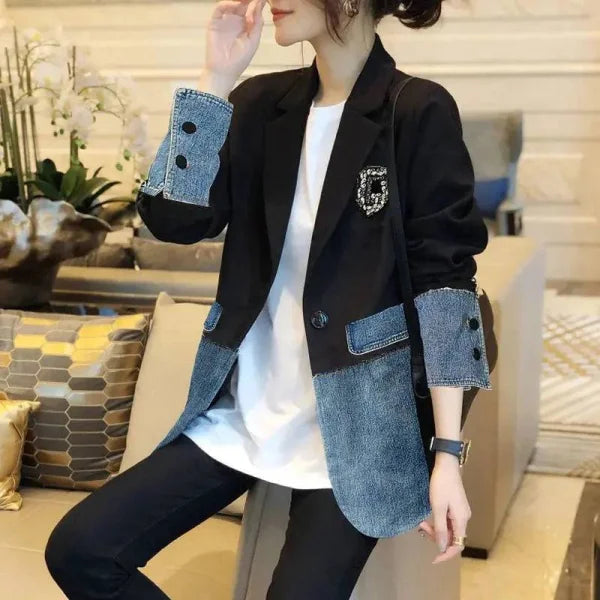 Embroidered Denim Patchwork Blazer: for Autumn/Winter - Denim Patchwork / XXL