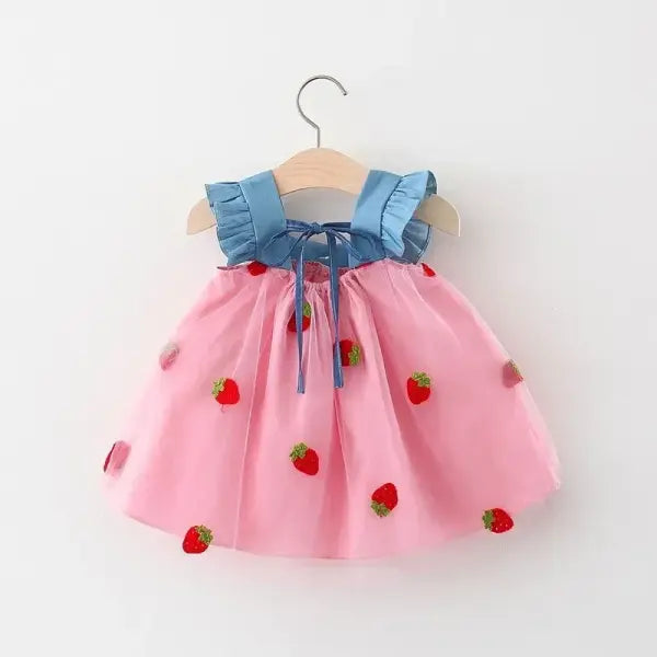 Embroidered Strawberry Summer Girls Princess Dress with Bows