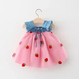 Embroidered Strawberry Summer Girls Princess Dress with Bows